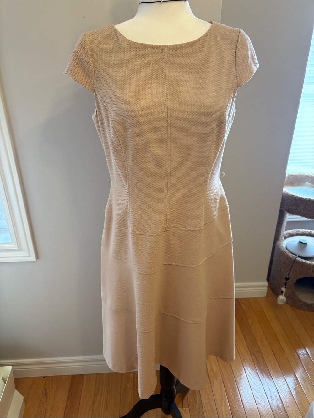Anne Klein Beige Textured Cap-Sleeve Midi Dress